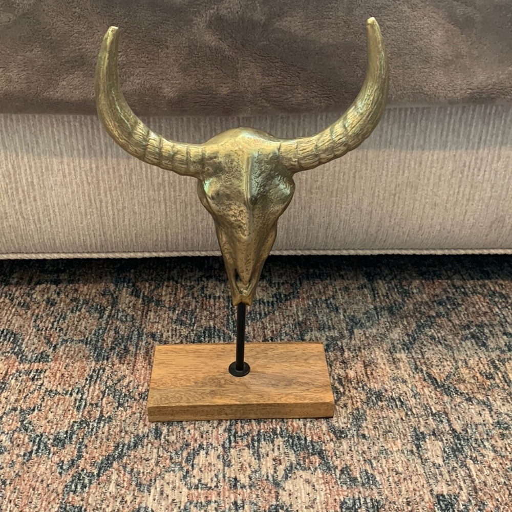 Cast Brass Metal Art Sculpture Bull Steer Skull Western Horn on  Wood Base